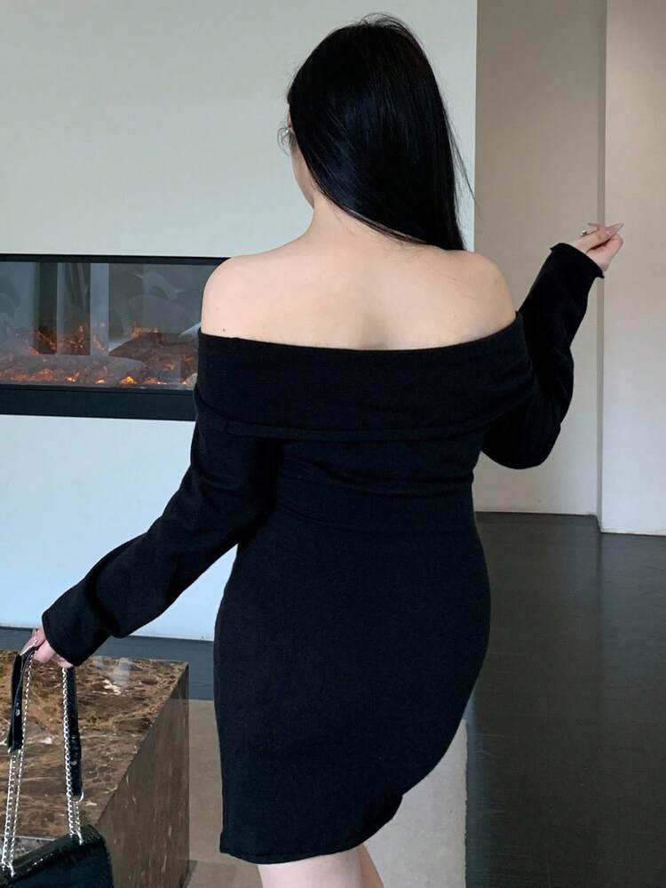 Dazy Plus Plus Size Women Off-Shoulder Bodycon Short Sweater Dress With Collar, Solid Color, Autumn/Winter Party Wear