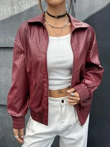 SHEIN ICON 女式长袖PU皮革拉链休闲棒球夹克秋季女装 - 酒紅色 - 查看 3