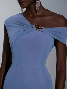 Elitara Elegant Cobalt Blue High Stretch Mesh Asymmetric Shoulder Metal Decor Fitted Mermaid Dress, Suitable For Dates, Outings, Weddings, Bridesmaid Events - Dusty Blue - View 4