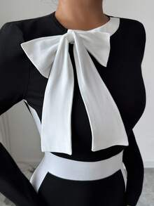 Elenzga Women's Vintage Elegant Date Night/Work Dress, Contrast Color Bowknot Waist Little Black Dress, Autumn/Winter, Christmas - Black and White - View 6