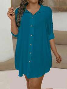 EMERY ROSE Plus Size Women's Long Sleeve Light Blue Casual Shirt Fall - Teal Blue - View 3