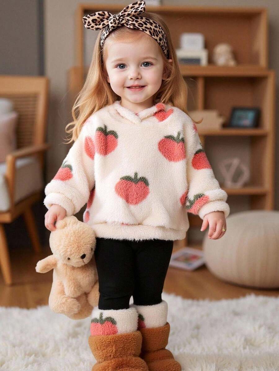 SHEIN Toddler Girls' Cute Red Peach & Cherry Blossom Long Sleeve Hooded Fleece T-Shirt With Printed Leggings T-Shirt Set Fall Winter - Apricot - View 1