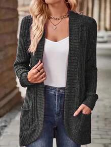 EMERY ROSE Women's Casual Ribbed Brushed Open Front Side Pocket Shorts Thin Jacket - Black - View 3