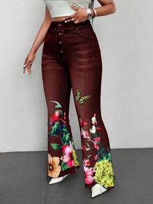 Maweii Pantaloni a zampa di donna taglie forti con stampa floreale e farfalla in finta jeans - Colore mogano - Visualizzare 6
