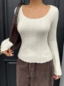SHEIN Unity Women's Fall Solid Color Long Sleeve Casual Versatile Sweater, Autumn - Pink - View 6