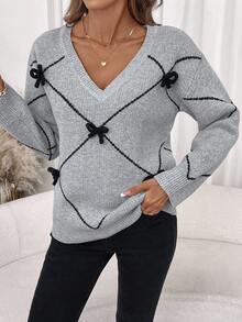 Editum Women's V-Neck Long Sleeve Loose Gray/Black Bow Elegant Everyday Pullover Sweater, Autumn/Winter,Fall Spring Summer Elegant - Grey - View 6