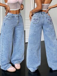 SHEIN PETITE PETITE 90s , Women's Basic Casual Loose Blue Denim Pants, Bow Jeans, Homecoming Jeans, Korean Fashion, Baggy Women Jeans, Jeans With Bow, Tall Women Jeans - Light Wash - View 1