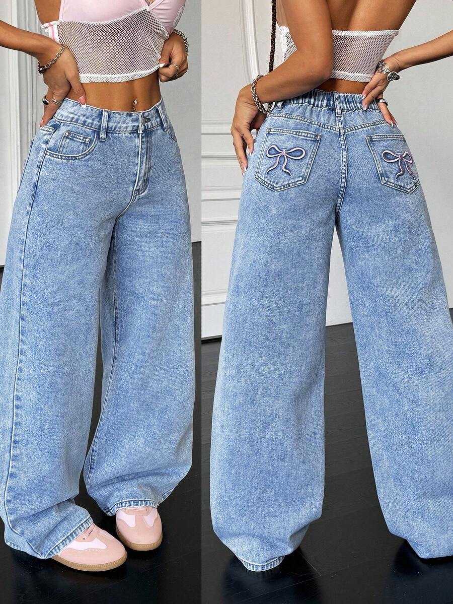 SHEIN PETITE PETITE 90s , Women's Basic Casual Loose Blue Denim Pants, Bow Jeans, Homecoming Jeans, Korean Fashion, Baggy Women Jeans, Jeans With Bow, Tall Women Jeans - Light Wash - View 1