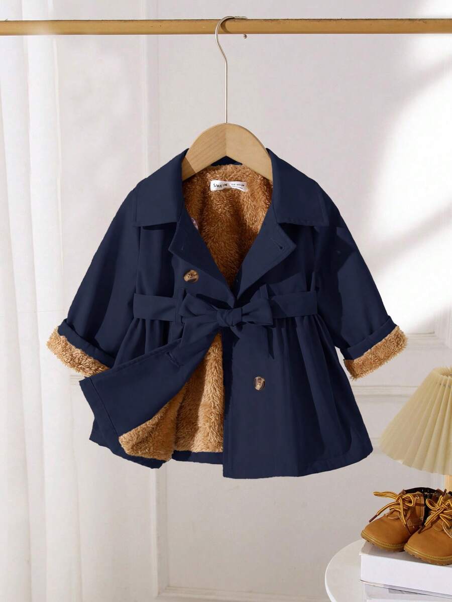 SHEIN Áo khoác blazer dáng dài vừa phải lót nhiệt màu trơn dễ thương cho bé gái, mùa thu/đông - Màu xanh hải quân - Xem 1