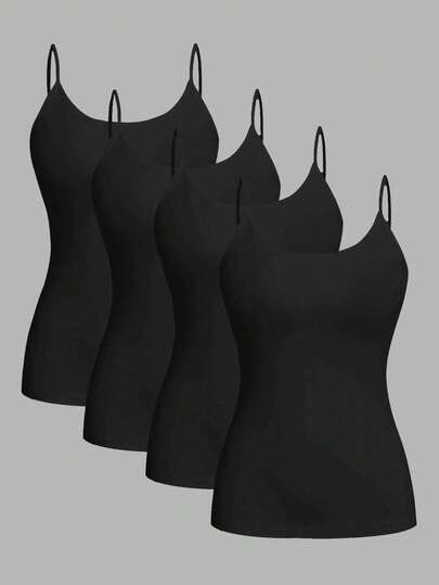 SHEIN EZwear 4pcs Black Casual Minimalist Camisole Tank Tops For Women, Suitable For Summer,Black Tops