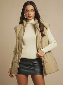 Silquee Abrigo casual acolchado de unicolor con cuello alto y sin mangas, con cordón en la cintura, para invierno - Caqui - Ver 6