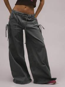 MUSERA 低腰褶皱可调节牛仔裤，90年代春季可爱夏季休闲Y2K甜美伊比沙岛锐舞音乐会音乐节冬季时尚 - 深灰色 - 查看 2