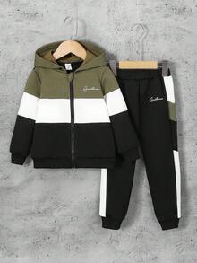 SHEIN Explorewe Young Boy Collegiate Style Color Block Zip-Up Hoodie Set, Spring/Autumn Fall Winter - Army Green - View 4