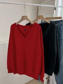 SHEIN LUNE 2pcs Women's Casual Solid Color V-Neck Fleece Sweatshirt, Suitable For Autumn & Winter,Casual - Multicolor - View 7