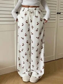 CovetEZ 女士休闲鹿纹弹力腰阔腿裤 - 米色 - 查看 4