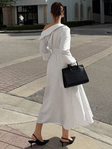 Siren Gaze Women's Autumn Fall Clothes For Women 2025 New Elegant Old Money Style Off-Shoulder White Striped Print Asymmetric Shirt Dress, Casual Luxury Long A-Line Dress With Waistband For Party, Wedding, Work, Commute, Daily Outings, Halloween, Christmas, New Year Bride Formal Elegant White Dress Wedding Guest White Striped Midi Dress Casual Midi Dress White Long Dress One Shoulder Long Sleeve Dress Winter Chic