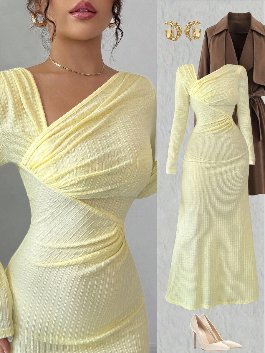Elenzga Women's Oblique Collar Long Sleeve Textured Striped Pleated Waist A-Line Casual Dress,Pale Yellow,Autumn,Elegent,Party Versatile Fall Cloth For Women - Yellow - View 1