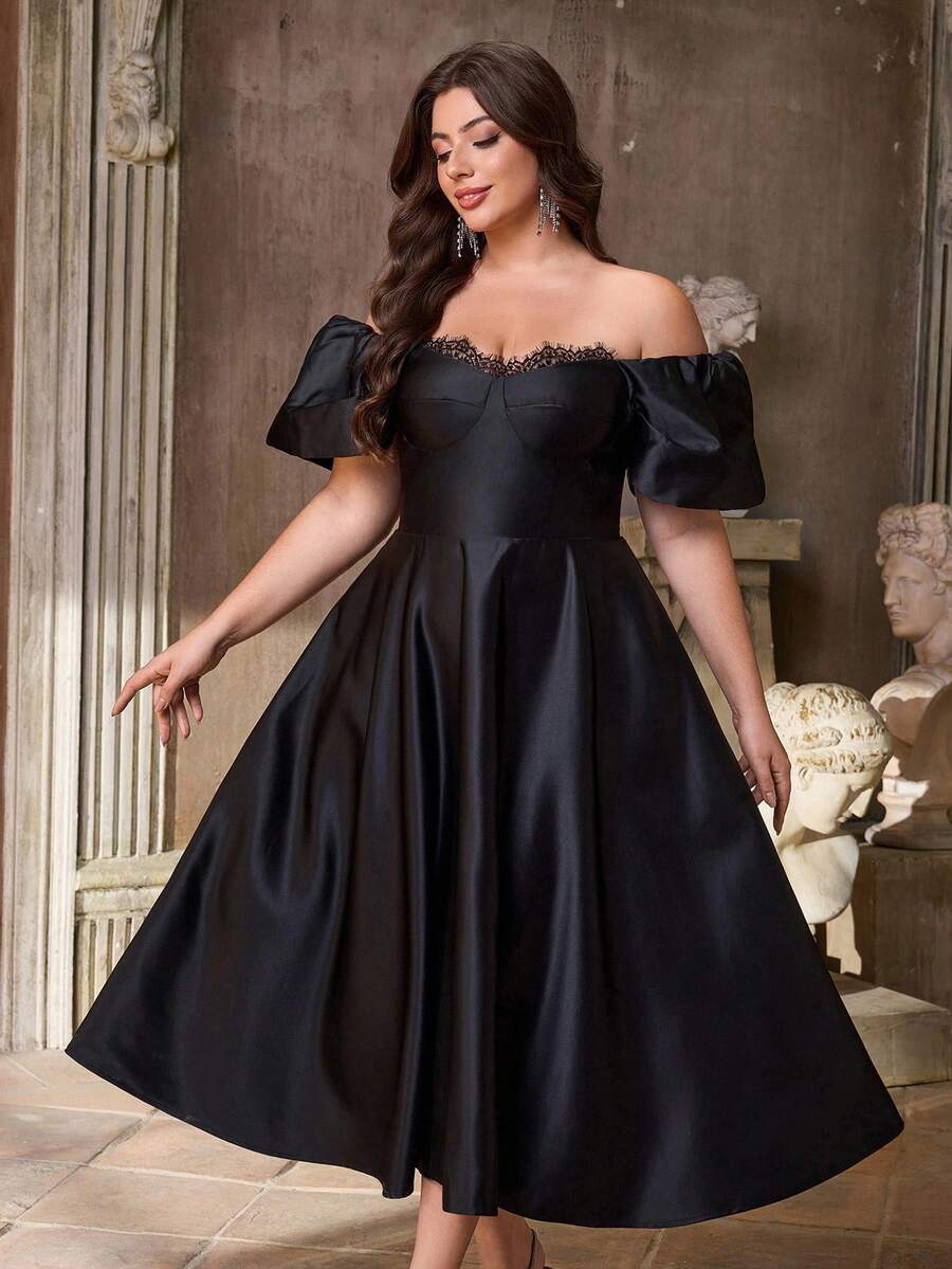 Aureia فستان أنيق وفاخر بأكمام مبالغ فيها وتفاصيل دانتيل على الكتف مع تنورة على شكل حرف A، مناسب للسهرات المسائية والمناسبات الخاصة كالمواعيد والعطلات والزفاف والتخرج والحفلات الراقصة