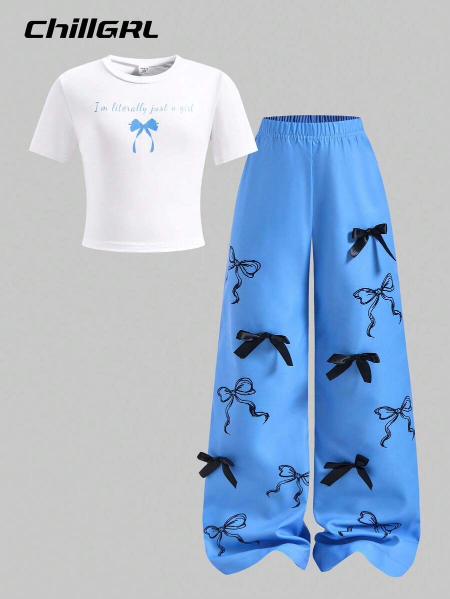 SHEIN Explorewe 青少年女孩标语蝴蝶结印花圆领短袖T恤和阔腿裤休闲装 - 藍色 - 查看 1