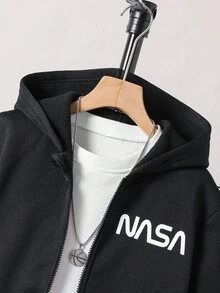 2 件套男童休闲学院风印花连帽开衫和运动裤套装，适合秋冬休闲和校园穿着 - 黑色 - 查看 3