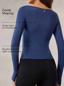 OutZeal Koszulka sportowa na siłownię, treningowa, z długim rękawem i dekoltem w serek, szybkoschnącym, modelującym brzuch, dopasowana do ciała, z otworami na kciuki - Niebieski - Zobacz 2