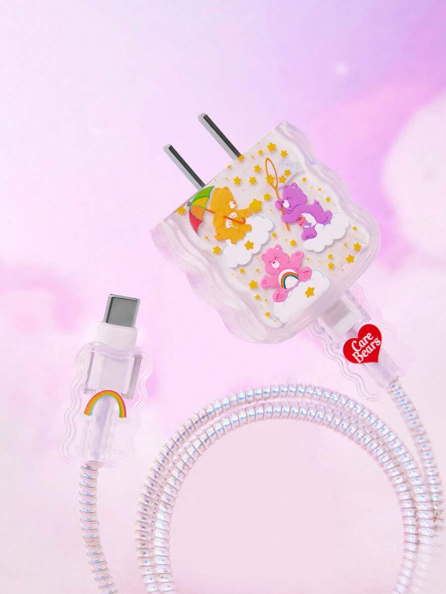 SHEIN X Care Bears Data Cable Protective Cover, Compatible With IPhone Charger, Bear Printing Pattern, 3 Pieces Set Protector, Charger Protector (Excluding Data Cable) - Clear - View 1