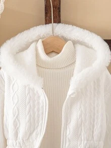 Genkimix Kids 1 件女童冬季 2025 新款夹克，提花毛绒衬里拉链开衫带帽，松紧腰带，白色简约优雅保暖外套 - 白色 - 查看 4