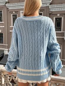 EURMUSE Plus Striped Trim Cable Knit Drop Shoulder Cricket Sweater, For Winter - Blue - View 2