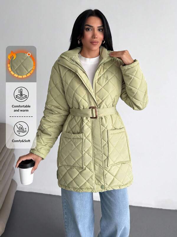 EURMUSE Women's Solid Quilted Olive Green Jacket