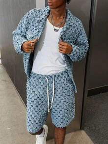 PAVTROS 男士格纹长袖夹克和抽绳腰短裤休闲牛仔套装，秋季 - 藍色 - 查看 6