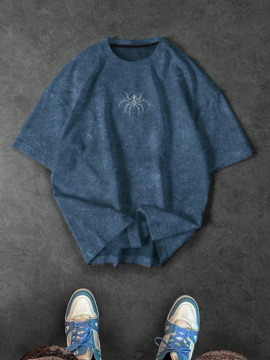 Sport MetroGents 男士时尚街头扎染蜘蛛印花宽松休闲 T 恤，夏季 - 霧霾藍 - 查看 1