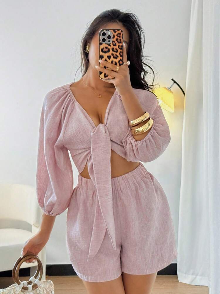 Women's Linen Shirt And Shorts Two Pieces Vacation Set