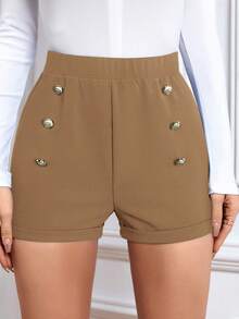 SHEIN PETITE CURVE Plus High Waist Button Detail Shorts For Summer - Khaki - View 4