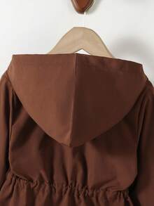SHEIN Elladie kids 1件女童純色休閒連帽外套，腰部設計，適合秋冬穿著，適用於學校、戶外活動、家庭聚會，保暖舒適，棕色連帽夾棉外套，女童秋冬外套衣 - 棕色 - 查看 3