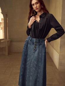 MOTF PREMIUM 秋冬款纽扣斜口袋牛仔裙 - 藍色 - 查看 5