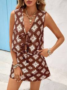 Vivid Eden 女式复古风格印花无袖上衣和短裤两件套 - 棕色 - 查看 4