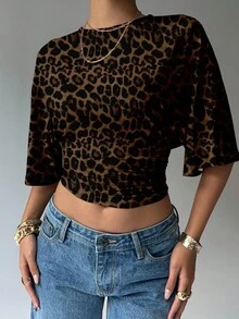 Aloruh 女士豹纹短袖飘逸T恤 - 彩色 - 查看 1
