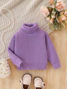 SHEIN Vintaside Kids 女婴简约舒适纯色高领毛衣，秋冬季婴儿高领淡紫色上衣，婴儿纯色针织毛衣，女婴冬季毛衣，冬季圣诞节万圣节毛衣，秋季套头衫 - 淡紫色 - 查看 3
