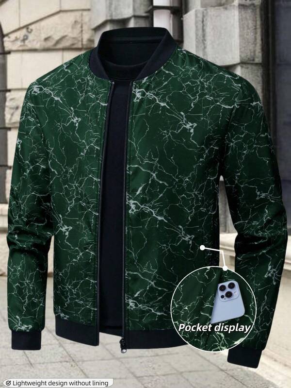 Manfinity Roughcore Jaqueta bomber masculina de manga comprida com zíper frontal e estampa, outono