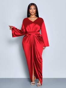 SOLERSUN Christmas Plus Size Spring And Autumn New Style Bright Surface Fabric V-Neck Pleated Waist Long Sleeve Slit Tie Bow Long Dress Elegant Office Birthday Party Ball Sexy Playful Cocktail Wedding Season Concert Dress Fashion Women's Clothing