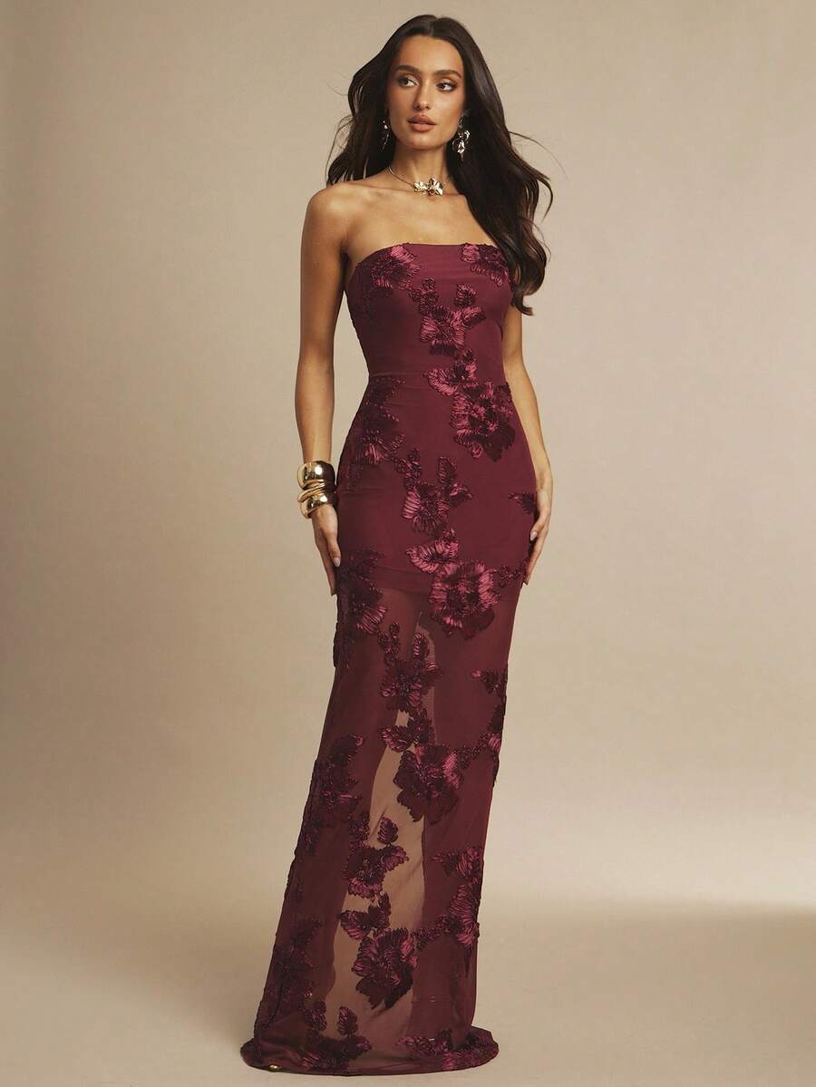Silquee 3D 花卉性感紧身吊带连衣裙 - 酒紅色 - 查看 1
