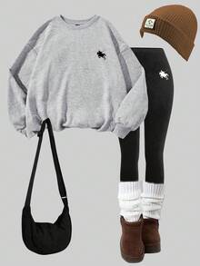 Slaydiva 2pcs Fall Casual Minimalist Horse Logo Print Loose Fit Crew Neck Sweatshirt And Black Leggings Set, All-Match Versatile Outfit For Autumn/Winter - Multicolor - View 1