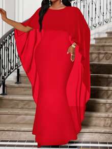 Fleurora 2025新款服装春夏秋冬大码针织圆领白色网纱拼接披肩修身收腰长款鱼尾大码连衣裙秋季女装婚礼宾客礼服女 - 紅色 - 查看 6