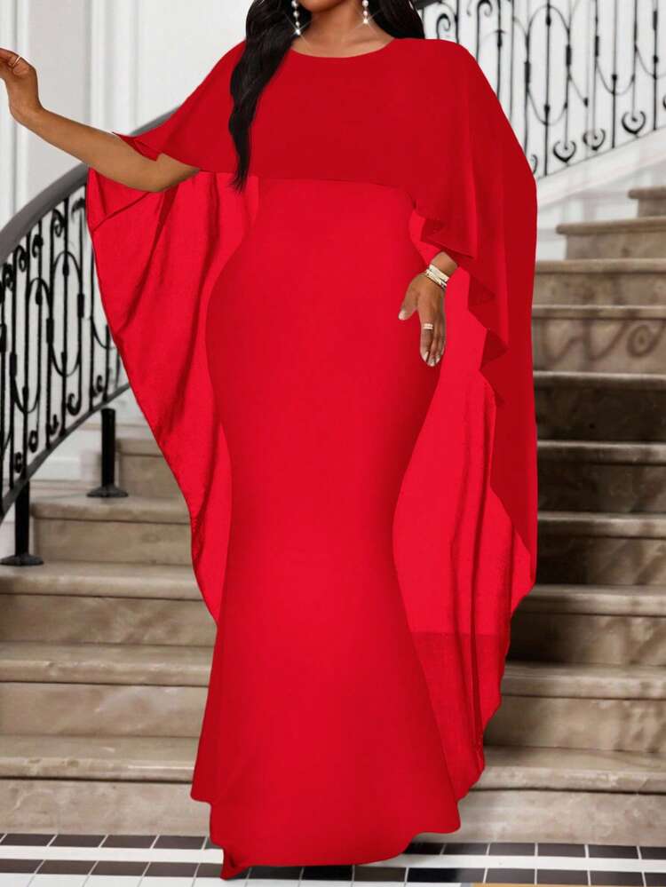 Fleurora 2025 New Clothing Spring, Summer, Autumn And Winter Plus Size Knitted Round Neck Red Mesh Splicing Cape Shape Waist Long Fishtail Plus Size Dress Fall Women Clothes Wedding Guest Dress Women Fall Clothes For Women Winter Clothes Halloween & Christmas Red Carpet Dress Red Formal Dress Red Cape Dress Red Wedding Guest Dress Elegant Red Dress - Red - View 6