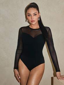 Lavishia 女士网眼拼布黑色透视长袖紧身衣 - 黑色 - 查看 6