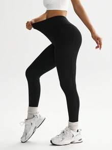SHEIN Sports Women's Solid Color High Waist Pocket Tummy Control Leggings Yoga Leggings High Waist Yoga Leggings - Black - View 5