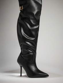 SHUZIA Fashionable Women's Black PU Over The Knee Slouch Point Toe High Heel Sexy Winter Buckle Strap Boots - Black - View 6