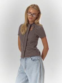 MUSERA Striped Neck Tie Detail Fitted Short Sleeve Top Fall Autumn Cosy Cute Casual Coffee Club Winter  ,Elegant  Holidays, Party - Multicolor - View 5