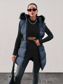 EURMUSE Fuzzy Trim Hooded Puffer Vest Coat - Dusty Blue - View 1