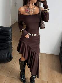 Coolane 女士秋冬Y2K复古日常休闲弹力棕色抹胸露肩长裙 - 棕色 - 查看 4